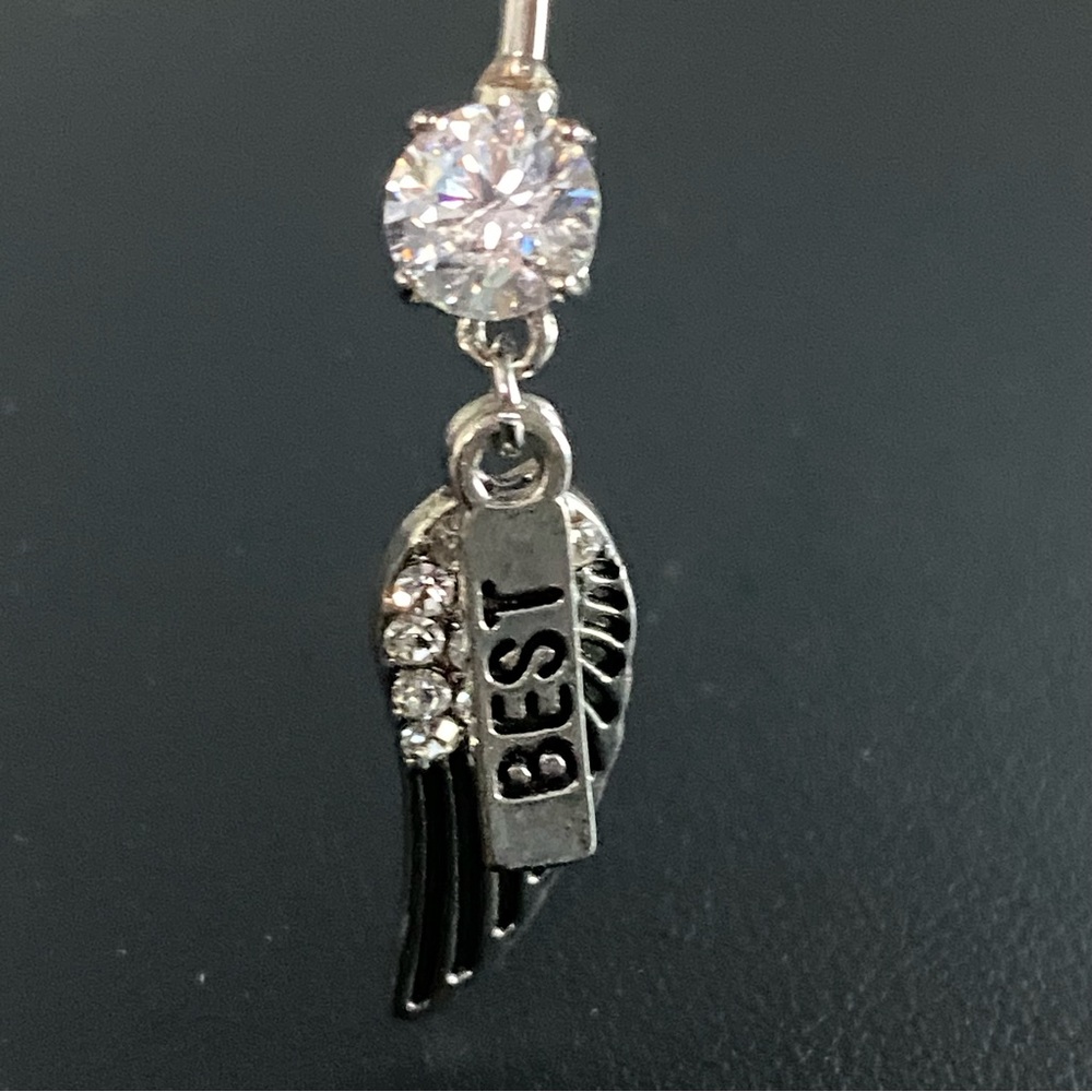 Angel Wing Belly Button Ring with CZ Charm BEST Hang Tag